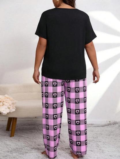 LINGERIE - Sleepwear Heart & Plaid Short Sleeve Tee and Pants.  Very Soft and Comfortable.