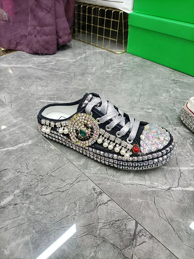 FOOTWEAR - Canvas shoes embellished with sparkling rhinestone diamonds, featuring handmade rivets, a half-slipper design, round toe, and a low heel, available in two colors.