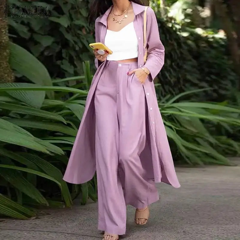 SETS - Elegant matching set featuring a long-sleeve split lapel button blouse and wide-leg trousers, available in four color choices and sizes ranging from S to 5XL.