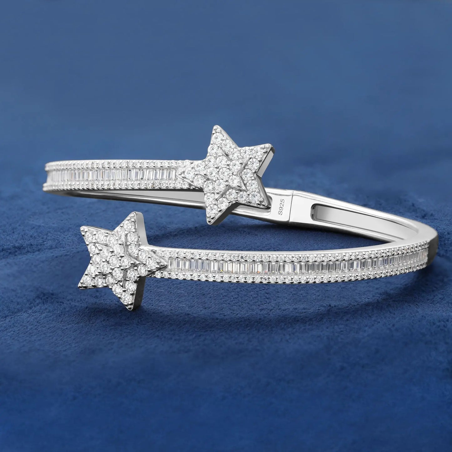 FJ BRACELET - Fashion Trendy Fine .925 Sterling Silver, VVS - D Baguette Moissanite Diamonds, Star Bangle Design.