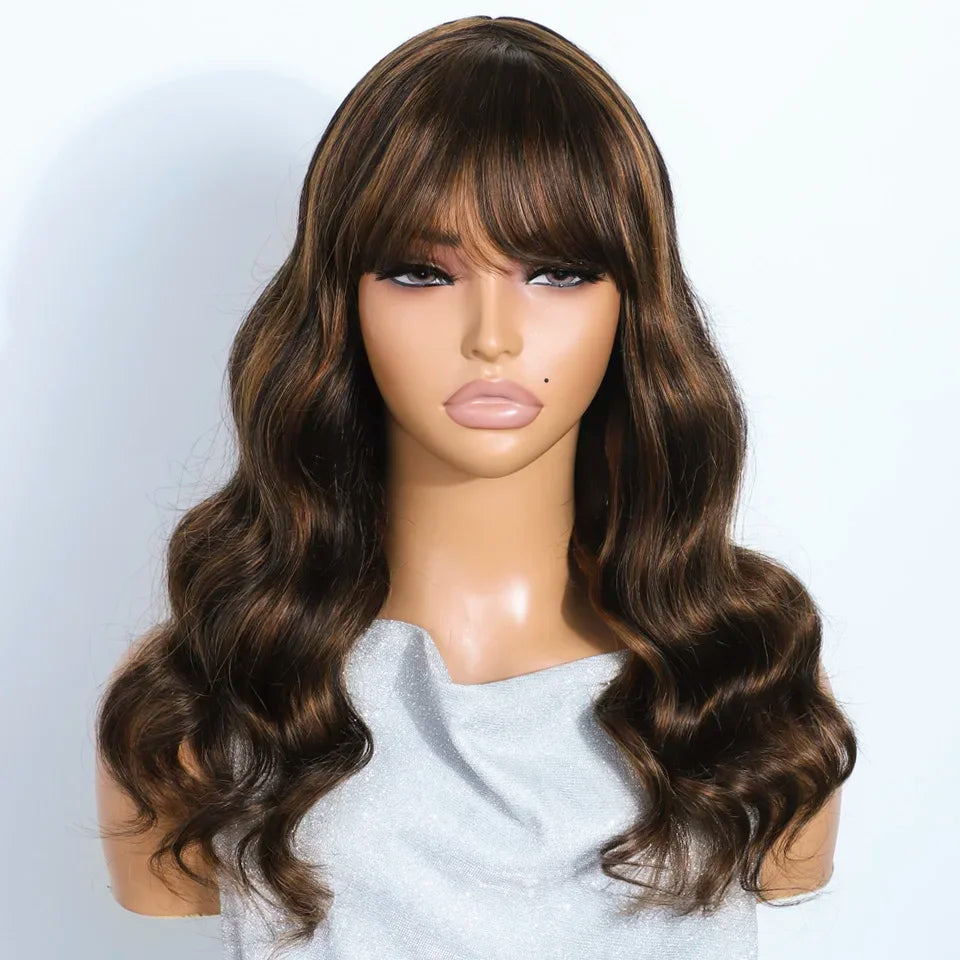 HAIR -  Ombre Highlighted Body Wave, Real Human Hair Wig with Bangs, ideal for everyday wear with a comfortable cap.