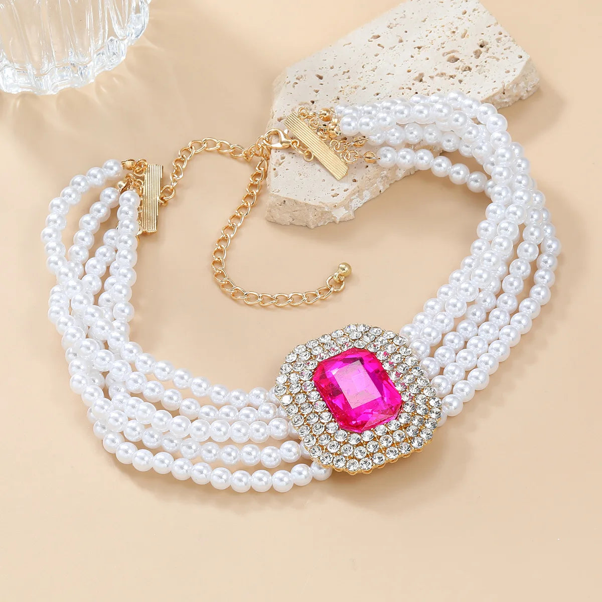 NECKLACE - Luxury Fashion Square Crystal Necklace, Five Colors, Rhinestone and Artificial Pearl Jewelry, Fun Necklace.