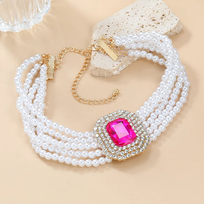 NECKLACE - Luxury Fashion Square Crystal Necklace, Five Colors, Rhinestone and Artificial Pearl Jewelry, Fun Necklace.