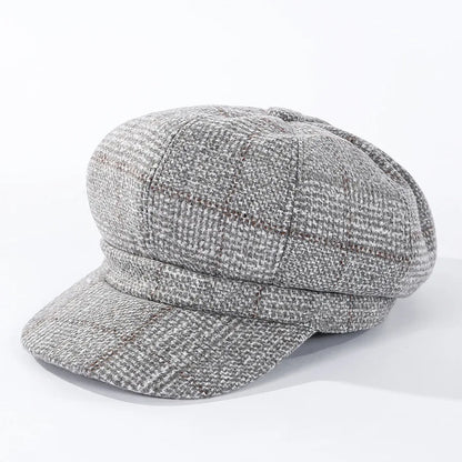 HAT -  Newsboy Cap, Six Colors, Thickened Plaid Woolen Octagonal Hat with Brim for Shade.