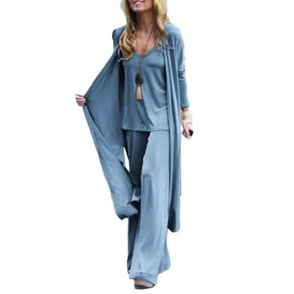 SETS - Chic and slimming, this solid-color three-piece casual outfit epitomizes versatility and style. The ensemble is ideal for any occasion and includes a V-neck camisole, wide-leg trousers, and a flowing long cardigan, all