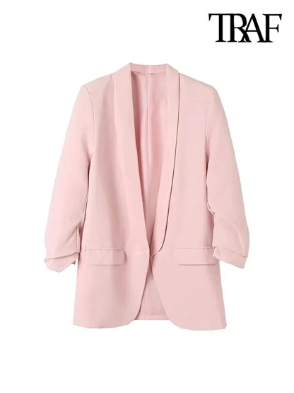 BLAZER JACKET - Divas Chic Vintage Casual Open Blazer Coat,  Long Pleated Sleeves, Flap Pockets