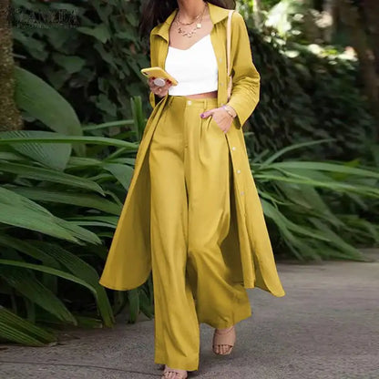 SETS - Elegant matching set featuring a long-sleeve split lapel button blouse and wide-leg trousers, available in four color choices and sizes ranging from S to 5XL.