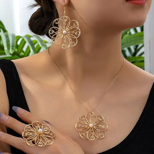 SETS: DIVAS FASHION JEWELRY - Jewelry Set Chic Hollow Flower Retro Necklace, Earrings, and Ring.