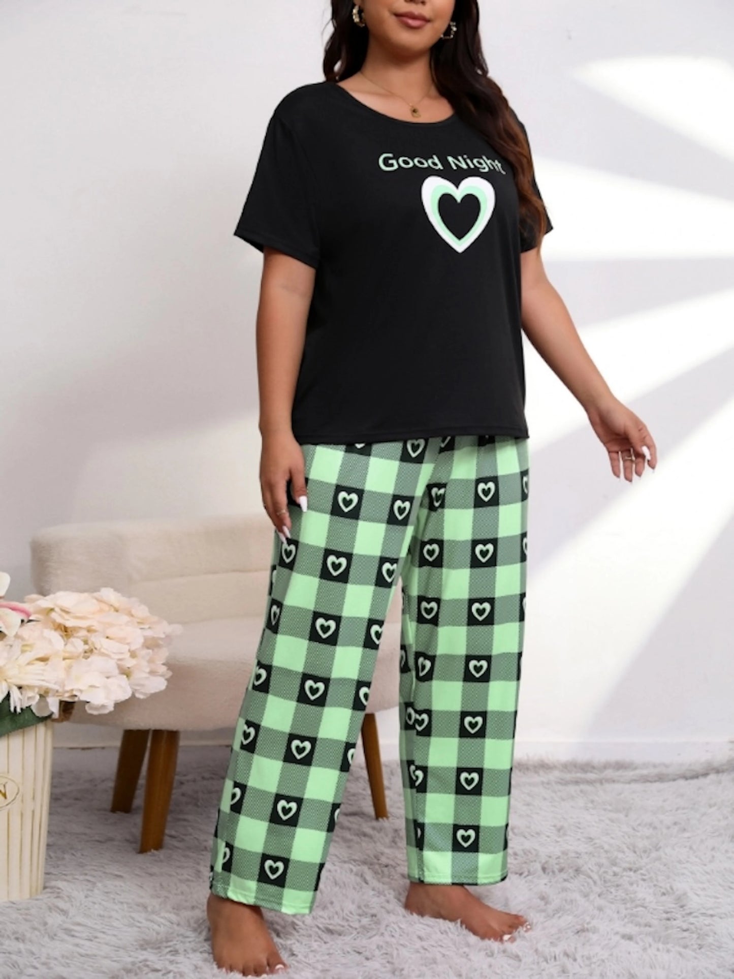 LINGERIE - Sleepwear Heart & Plaid Short Sleeve Tee and Pants.  Very Soft and Comfortable.