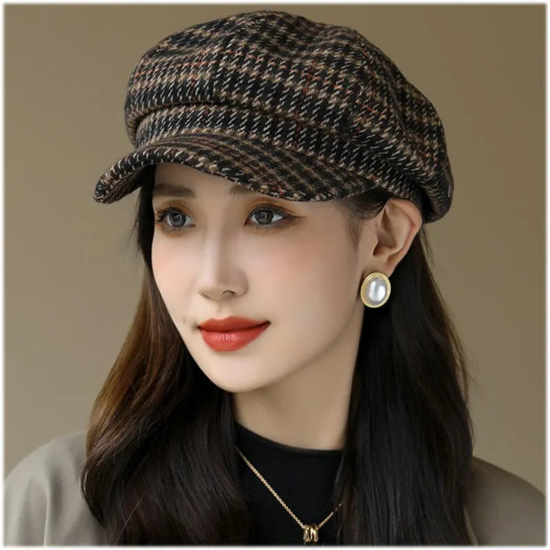 HAT - Trendy British Style Octagonal Hat, Warm Wool Hat with Brim for Shade