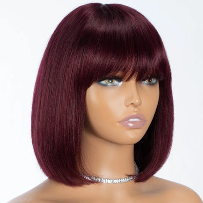 HAIR - Chic Short Real Human Hair Wig with Bangs, Pixie Cut Brazilian Hair Wigs, suitable for all occasions, are available in nine (9) colors and are ten (10) inches long. They are easy to maintain, style, trim, and care for.