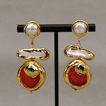 G-G Natural Red Coral Gold Edge Plated Green CZ Crystal Pave White Biwa Pearl Dangle Earrings Lady Coral Jewelry Gifts