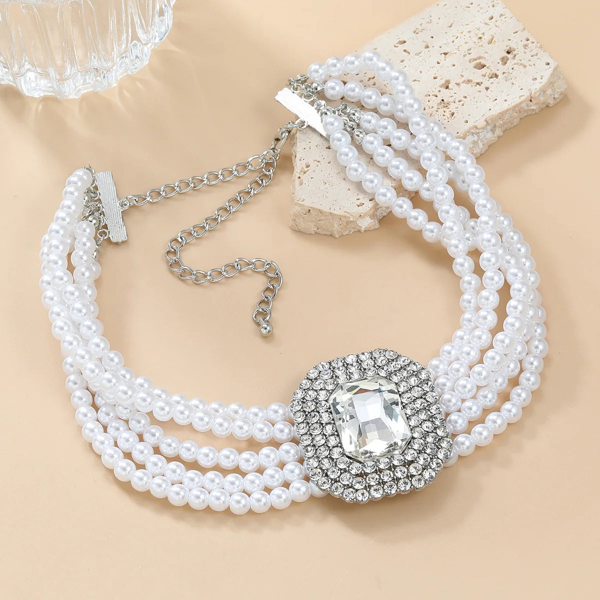 NECKLACE - Luxury Fashion Square Crystal Necklace, Five Colors, Rhinestone and Artificial Pearl Jewelry, Fun Necklace.