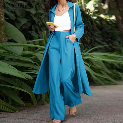 SETS - Elegant matching set featuring a long-sleeve split lapel button blouse and wide-leg trousers, available in four color choices and sizes ranging from S to 5XL.