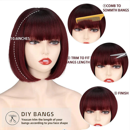 HAIR - Discover the allure of a short, straight bob wig available in white or dark umber red, featuring bangs for a complete look. Crafted from natural, synthetic hair that mimics the appearance of natural locks, this