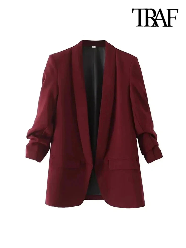 BLAZER JACKET - Divas Chic Vintage Casual Open Blazer Coat,  Long Pleated Sleeves, Flap Pockets