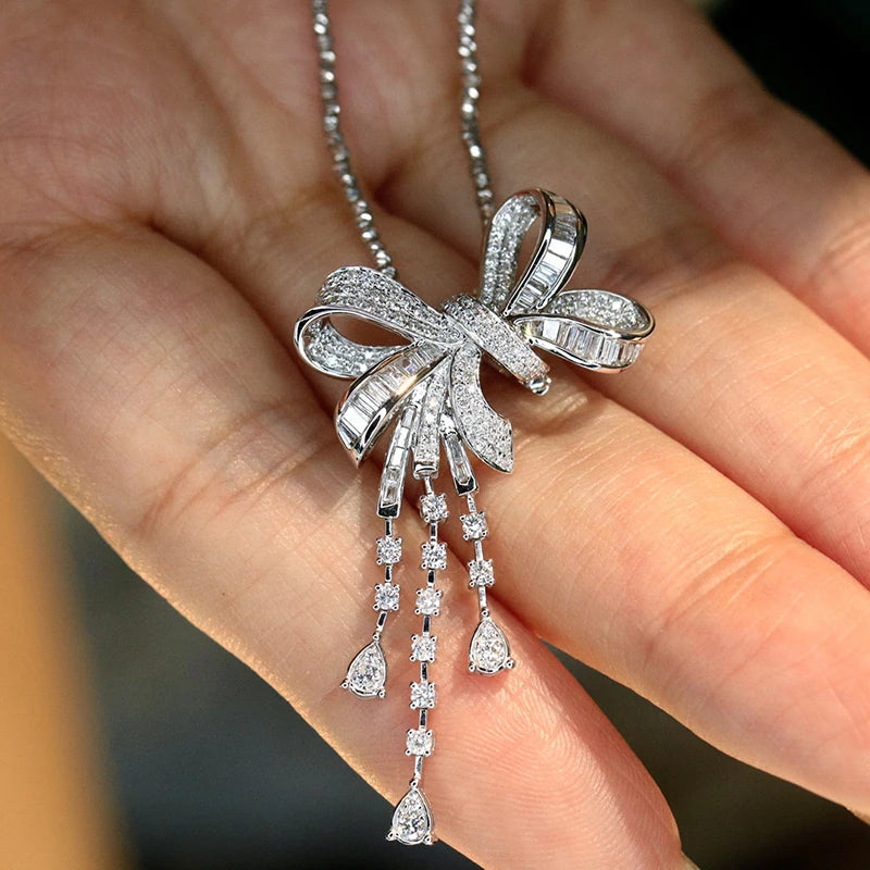 FJ NECKLACE - Stunning 18K White Gold Bowknot Necklace, Accented with Real Diamonds, 7.8caret. H SI Charm Jewelry