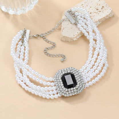 NECKLACE - Luxury Fashion Square Crystal Necklace, Five Colors, Rhinestone and Artificial Pearl Jewelry, Fun Necklace.