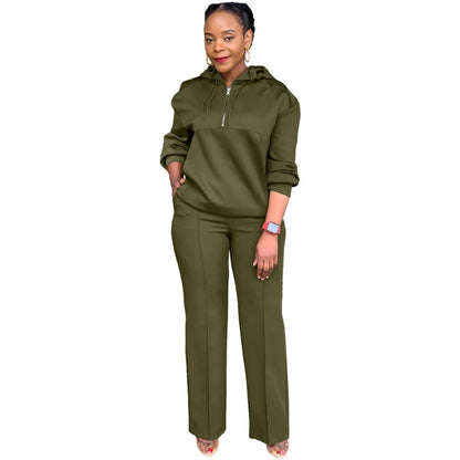 Sweatshirts Two Pieces Set Women Hooded Half Zipper Top Pants Suit Elastic Waist Trousers Sports Pockets Casual Elegant Lady