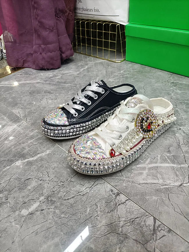 FOOTWEAR - Canvas shoes embellished with sparkling rhinestone diamonds, featuring handmade rivets, a half-slipper design, round toe, and a low heel, available in two colors.