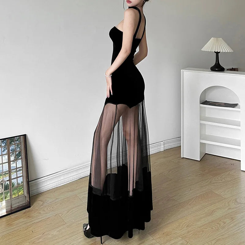 EVENINGS - Fun and Unique Dark Velvet Spandex, Pullover Party  Dress, Mesh See-thru Bottom, S-L, Backless.