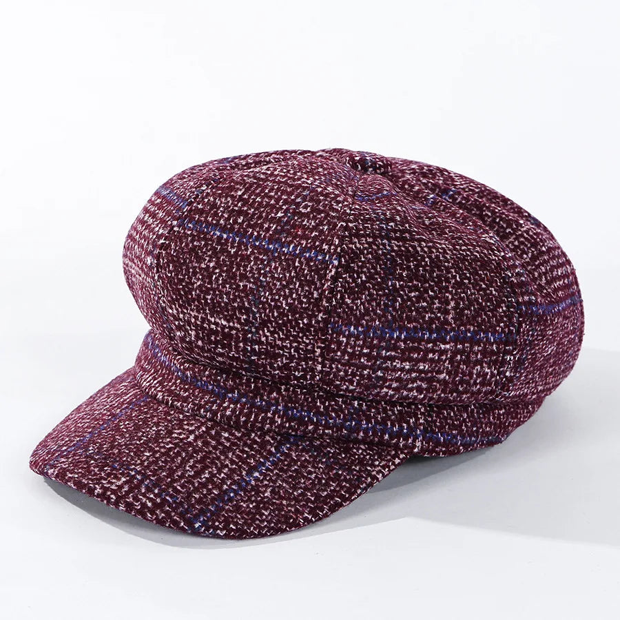 HAT -  Newsboy Cap, Six Colors, Thickened Plaid Woolen Octagonal Hat with Brim for Shade.