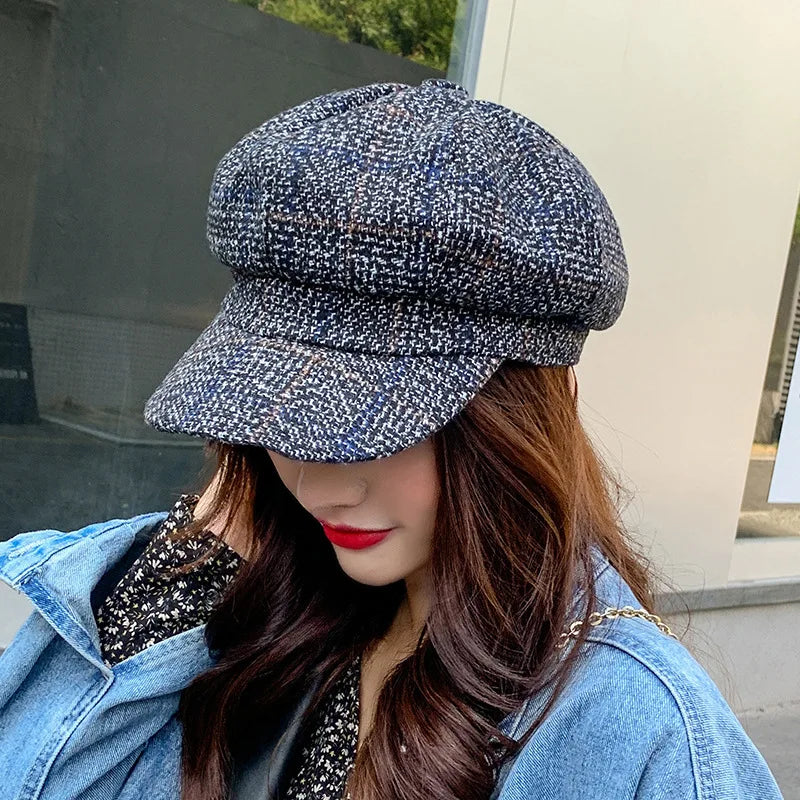 HAT -  Newsboy Cap, Six Colors, Thickened Plaid Woolen Octagonal Hat with Brim for Shade.