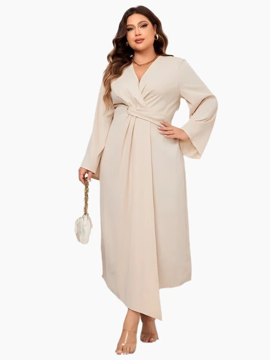 EVENINGS PLUS - Plus Size Long V-Neck Dress, Irregular Pleated, Long Sleeves.